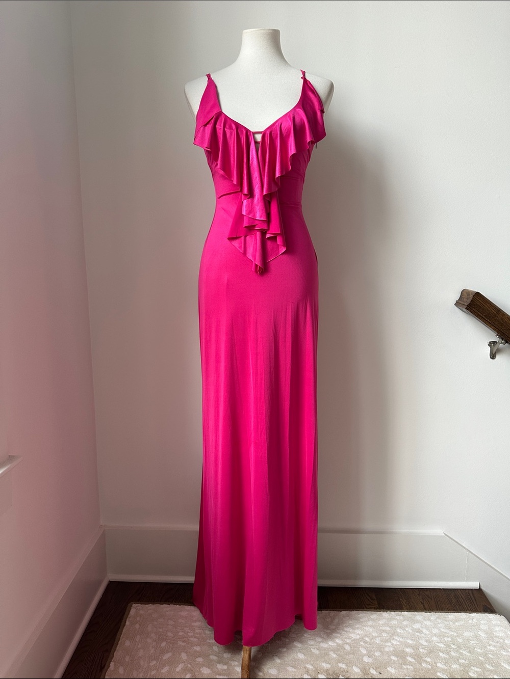 Cache Fuchsia Ruffle-Front Spaghetti Strap Maxi Dress Size 2